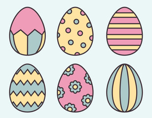 Set of different Easter eggs. Holiday attributes in lineal flat style.