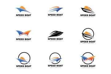 Fototapeta na wymiar Speed Boat Logo, Fast Cargo Ship Vector, Sailboat, Design For Ship Manufacturing Company, Waterway Shipping, Marine Vehicles, Transportation