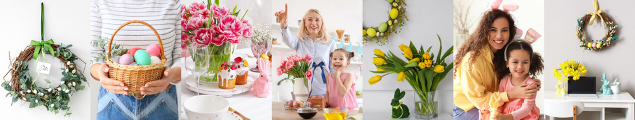 Festive collage for Easter celebration with happy families, stylish table setting and decorations