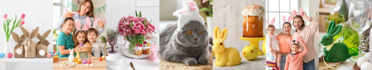 Festive collage for Easter celebration with happy families, stylish table settings and decorations