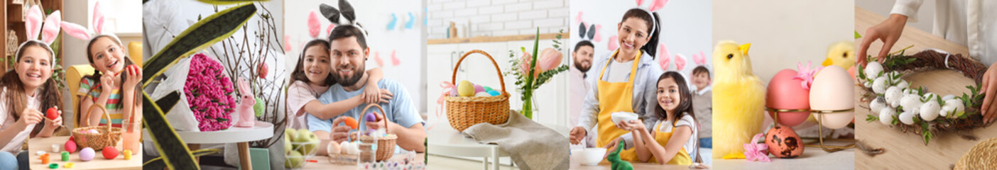 Festive collage for Easter celebration with happy families and decorations