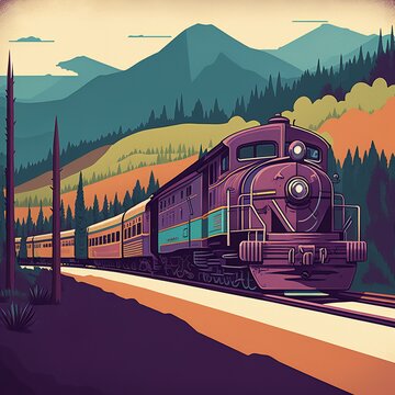Digital Storybook Screen Print Poster Style Illustration of Historic Train with Modern Engine with Room for Text.[Storybook, Fantasy, Historic  Scene.]
