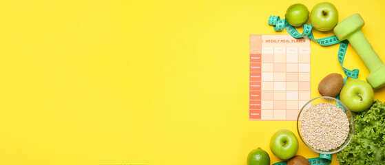 Healthy products, weekly meal plan, dumbbell and measuring tape on yellow background with space for text. Diet concept