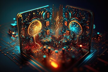 Fototapeta na wymiar Abstract quantum computing circuit with futuristic design. Created with generative AI technology and Photoshop.