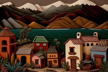 Storybook Folk Art Style Illustration of Mexican Village with Palm Trees, Picturesque River, and Mountains. [Storybook, Fantasy, Historic, Cartoon Scene.] - obrazy, fototapety, plakaty