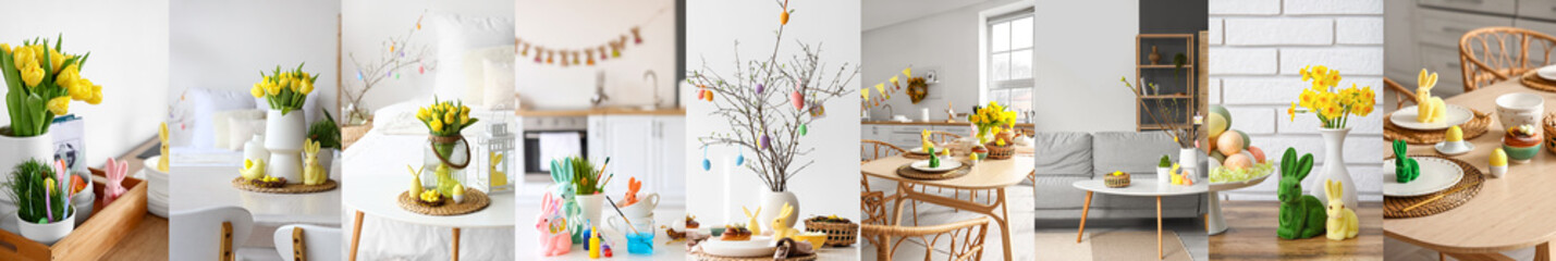 Set of domestic interiors decorated for Easter holiday