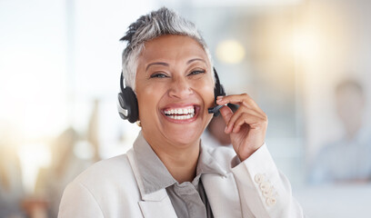 Customer support consulting, portrait and senior woman telemarketing on contact us CRM or telecom....
