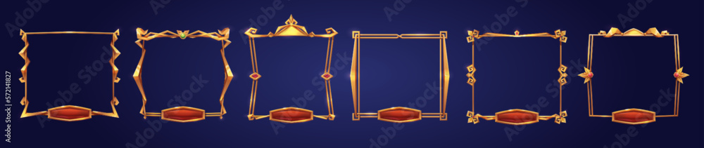 Poster cartoon set of square golden game rank frames isolated on background. vector illustration of medieva