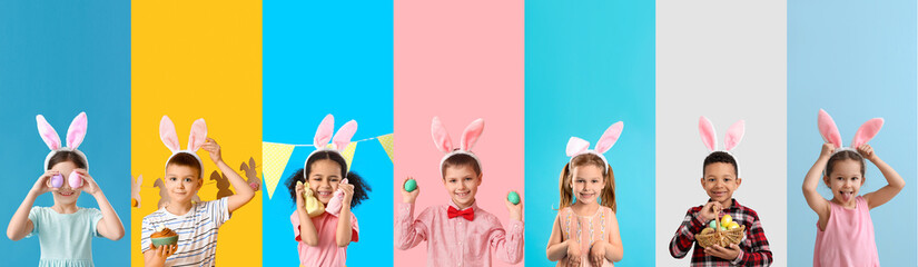 Set of children with bunny ears and Easter eggs on color background