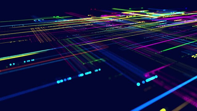 Lines form hologram information blocks, ai construction light grid, info concept lines and nodes. Big data fields. Hi-tech info technology. vj loop abstract background sci fi theme