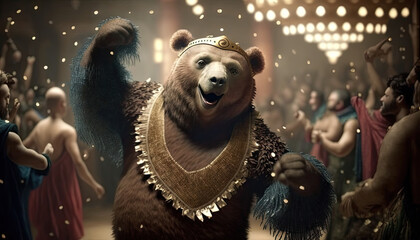 Cute and Cool Animal Bear in Rio Carnival Costume: Colorful Illustration of Adorable Wildlife in Festive Brazilian Street Party with Samba Music and Dancing Floats Celebration generative AI