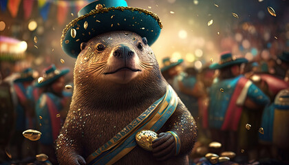 Cute and Cool Animal Beaver in Rio Carnival Costume: Colorful Illustration of Adorable Wildlife in Festive Brazilian Street Party with Samba Music and Dancing Floats Celebration generative AI