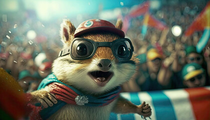 Cute and Cool Animal Chipmunk in Rio Carnival Costume: Colorful Illustration of Adorable Wildlife in Festive Brazilian Street Party with Samba Music and Dancing Floats Celebration generative AI
