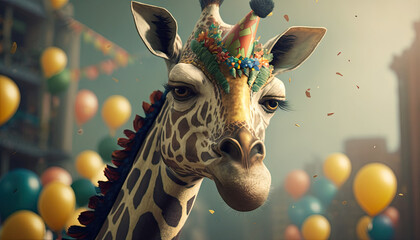 Cute and Cool Animal Giraffe in Rio Carnival Costume: Colorful Illustration of Adorable Wildlife in Festive Brazilian Street Party with Samba Music and Dancing Floats Celebration generative AI