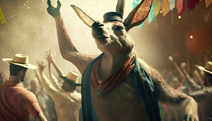 Cute and Cool Animal Kangaroo in Rio Carnival Costume: Colorful Illustration of Adorable Wildlife in Festive Brazilian Street Party with Samba Music and Dancing Floats Celebration generative AI