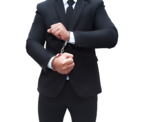 Young businessman in black suit locked, corruption concept, transparent background, png file.