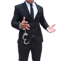 Young businessman in black suit with one handcuff, corruption concept, transparent background, png file.
