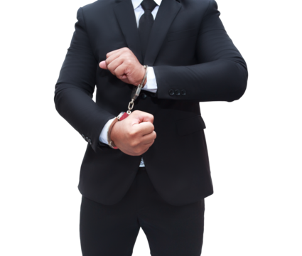Young businessman in black suit locked, corruption concept, transparent background, png file. - Powered by Adobe
