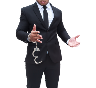 Young businessman in black suit with one handcuff, corruption concept, transparent background, png file. - Powered by Adobe