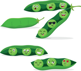 Cute cartoon green peas in a pod,  isolated on white background