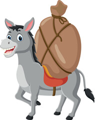 Cartoon donkey carries a heavy big bag