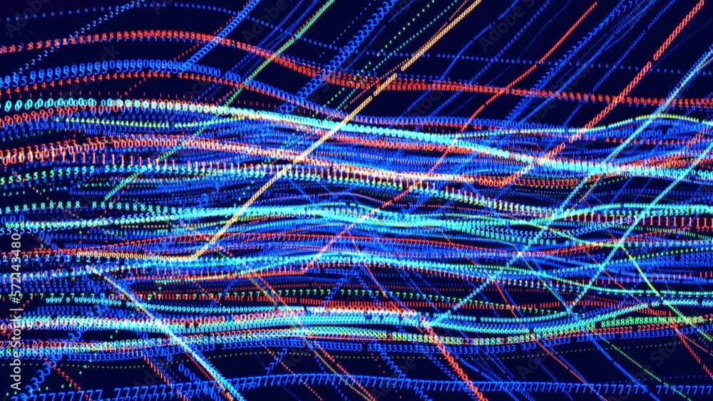 Poster digital waves in space. vj loop hologram abstract bg. symbols form lines, grid. information concept.