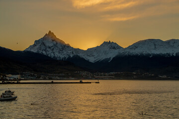 Sunset, Mountains, Landscapes, Clouds, sky, Reflection, sailboats, orange colors, nature,...