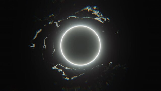 3D render animation of a glowing round frame in dark space. Abstract sci fi geometric background. Round portal.