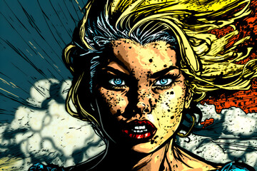 Angry, furious, pretty woman in comics style, created with Generative AI Technology