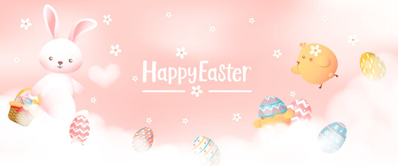 Happy Easter card, banner, background with bunny, chick and eggs in the clouds, pastel colors