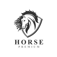 Elegant Black Horse Logo Design Combined with Abstract 3d Shield Concept.