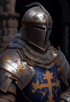 Illustration of an armoured medieval knight, Generative AI.