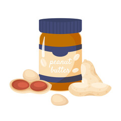 Closed jar of peanut butter, shelled peanuts nearby. Healthy protein food. Vegetarian snack and dessert. Flat vector illustration isolated on white backgroundd