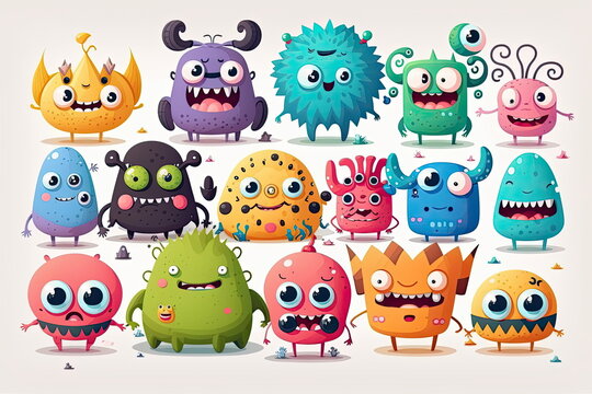 set of cartoon characters,happy and smile, cute monsters, white background, vector illustration, Made by AI,Artificial intelligence
