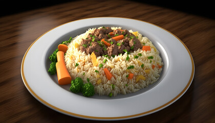 Photo of rice with meat on plate, pretty dish, created with Generative AI Technology