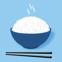 Rice bowl with chopsticks on blue background vector illustration.
