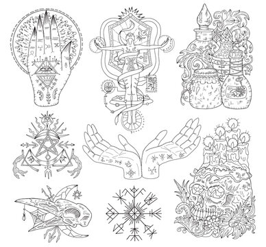 Engraved line art vector graphic collection with mystic, esoteric and occult symbols isolated on white