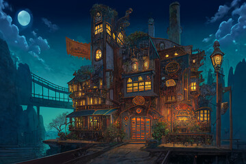 アニメ映画風のスチームパンク系背景のイラスト(AI generated image)