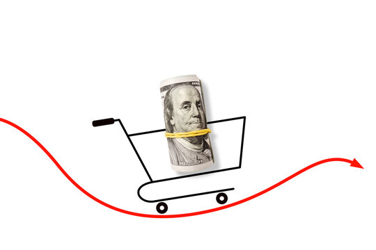 Shopping basket with dollars money on red arrow and transparent background. Economic crisis, inflation and commodity prices concept