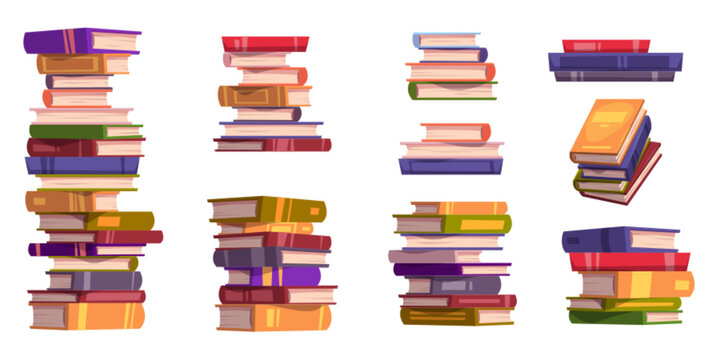Vector set of isolated book stack cartoon illustration. Tall pile of textbook for school library collection. Literature for education side view. Stacked tower of dictionary and science publication.