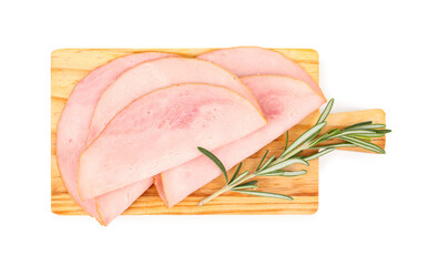 Board with tasty slices of ham  and rosemary isolated on white background - obrazy, fototapety, plakaty