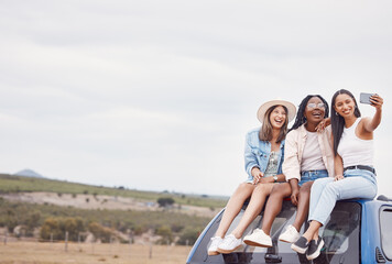 Selfie, road trip and women friends on car roof in sky mockup for social media, group travel and vacation. Profile picture of diversity youth or people in Africa safari, desert or countryside journey