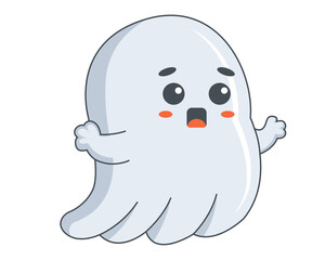 cute ghost in a white sheet. ghost scares people. flat vector illustration.