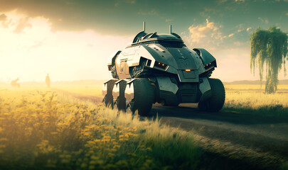 Futuristic robot piloting car through scenic rural landscapes