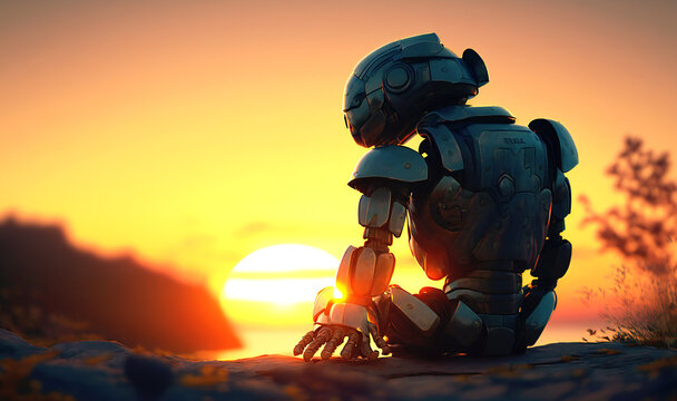 A contemplative robot enjoying the serenity of a sunset
