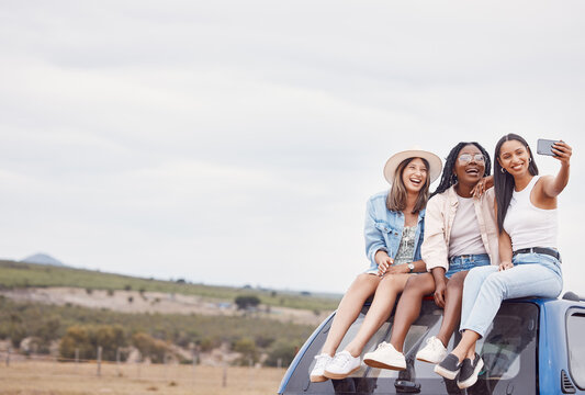 Selfie, road trip and women friends on car roof in sky mockup for social media, group travel and vacation. Profile picture of diversity youth or people in Africa safari, desert or countryside journey