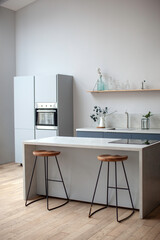 Modern kitchen interior in scandinavian style and gray tones.