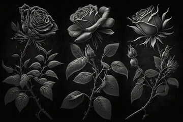 Roses black engraving, Generative AI