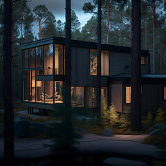 Exterior design of modern Scandinavian log house in a riverside plot with Nordic forest around it, architecture, generative ai