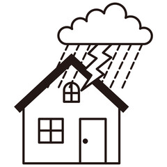 モノクロのシンプルな住宅と災害のイラスト　豪雨